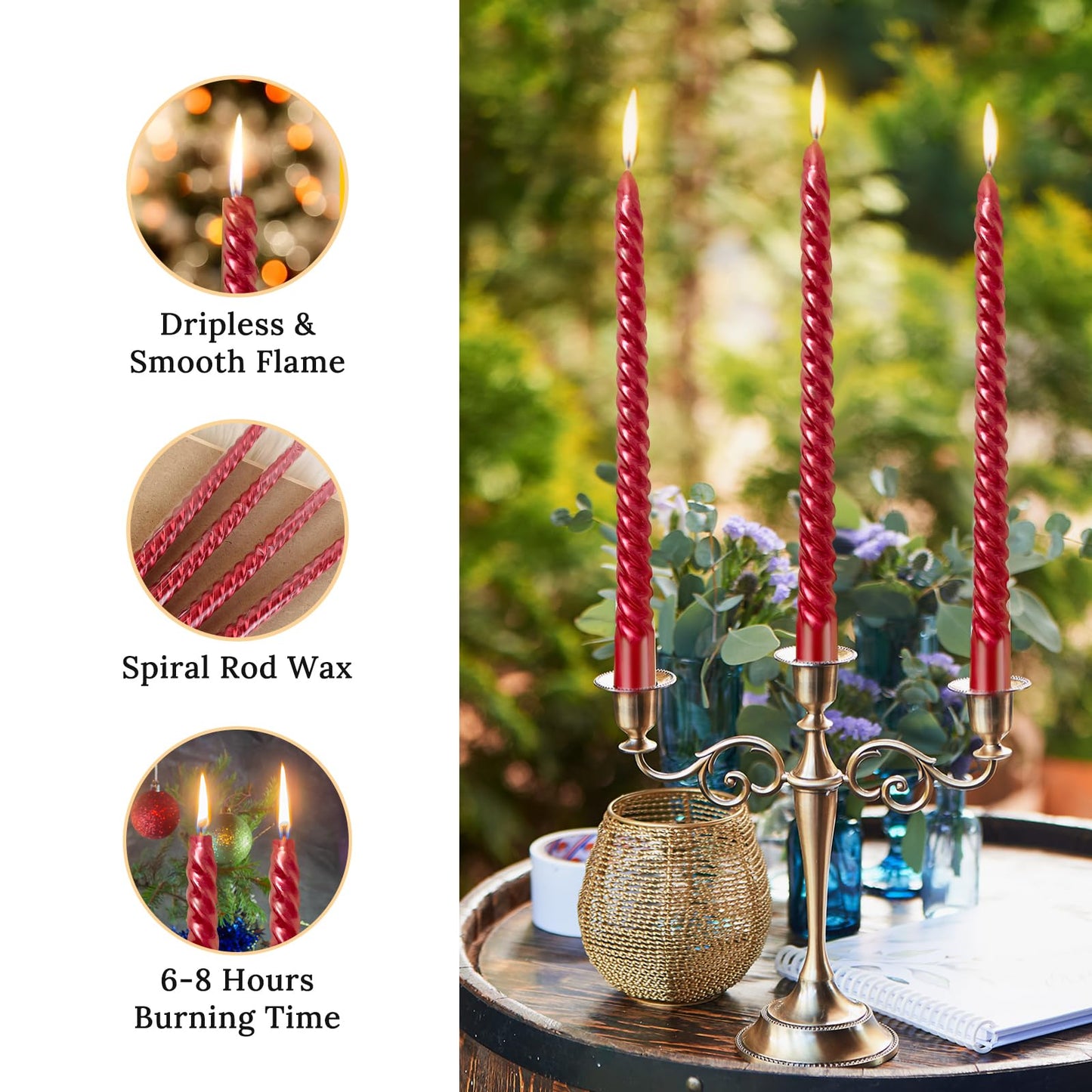 10 Inch Burgundy Spiral Taper Candles Set for Christmas and Valentine's Day, 12 Pack Unscented Red Candlesticks, Dripelss Thin Candles for Wedding Religious and Political Events