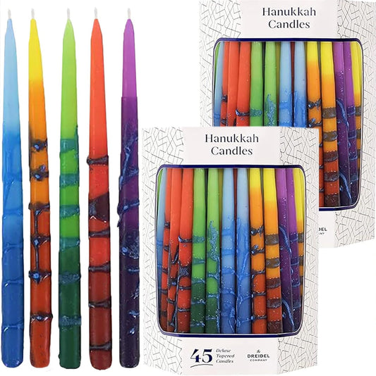 The Dreidel Company 2-Pack Dripless Hanukkah Candles, 45 Multicolored Striped Deluxe Tapered Decorations, Chanukkah Menorah Candles for All 8 Nights, 60 Minute Burn Time