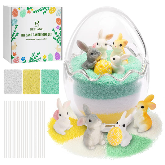 BRELANO Craft Kit for Kids & Adults – DIY Sand Candle Making Kit with Bunny & Egg Decor, Colored Pearled Candle Sand, Cotton Wicks & Egg-Shaped Glass Jar, Dad Gift Set & Spring Home Decor