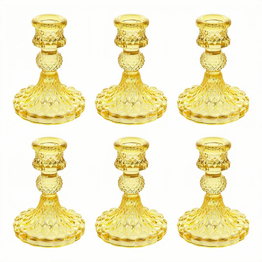 ECHFSM Glass Candlestick Holder,Striped Taper Candle Holders,Set of 6 Candle Stand for Table Centerpieces, Home Decor,Weddings,Festival and Parties (Yellow Dimond)