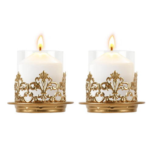 HiSnug Hurricane Candle Holders for Pillar Candles - Gothic Metal Candlestick Holders with Glass Sleeve, 2 PCS Vintage Decorative Candleholder for Dining Table Centerpiece Home Decor, 2PCS, XS, Gold