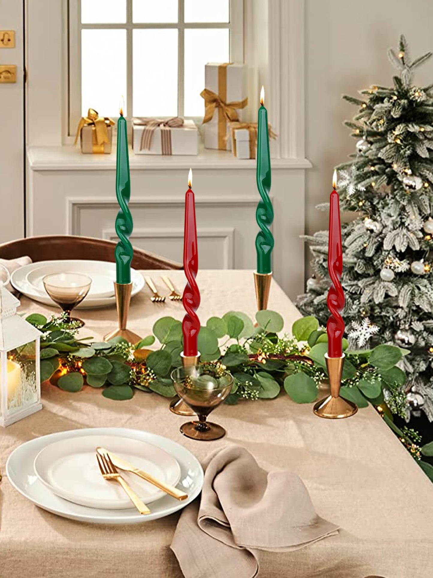LPUSA Burgundy Spiral Taper Candles Twisted Candle Conical Stick Candles for Holiday Wedding Party Wax Unscented Dinner Candle Dripless,Christmas Gift H 10 Inch, 4pcs（Burgundy-A）