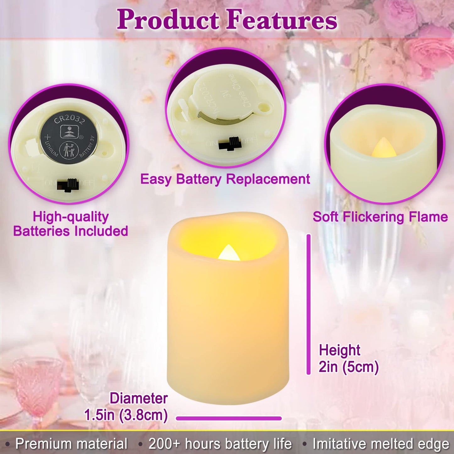 Yakpo 36 Pack 1.5" x 2" Flameless Votive Candles Battery Operated, Flicker LED Tea Lights Electric Flickering Outdoor Fake Candle Bulk for Wedding Halloween Pumpkin Light Christmas Home Decorations