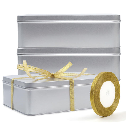 Coobbar Empty Metal Tins Box with Lid,3 Pack Metal Tins Cans Storage Container for Treats, Gifts, Candle, Favors and Crafts, Silver (8.6 x 6.3 x 2.5 Inches)