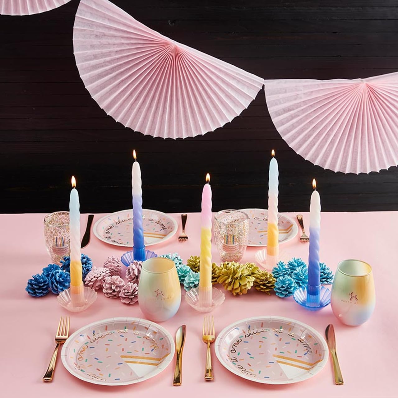 Slant Collections Tri-Colored Unscented Spiral Taper Candles 2-Count Dinner Candles, 9-Inch, Pink/Light Blue/Blue
