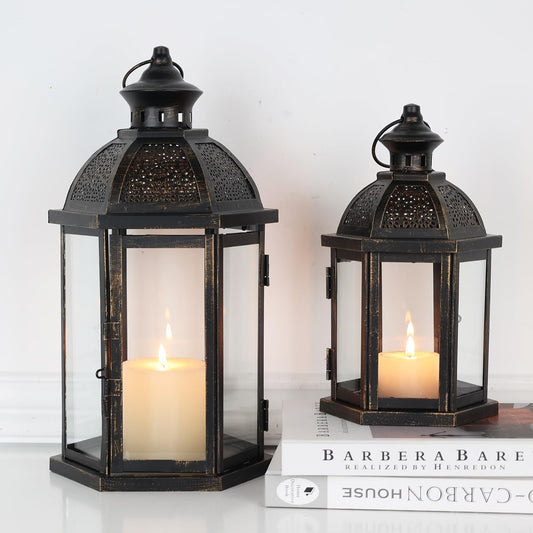 DECORKEY Large Lantern Decorative Outdoor & Indoor, Set of 2 (15’’&11’’) Metal Candle Lanterns Decor, Vintage Hanging Candle Holder for Front Porch Patio Wedding Farmhouse Home, Spring Decoration