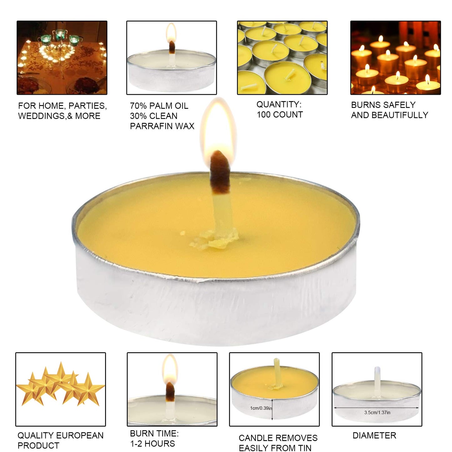 OUO Tea Lights - 50 Pack Smokeless, Dripless & Long Lasting Mini Tealight Candles for Mood, Dinners, Parties, Home Decoration, Wedding, Crafts (Yellow)