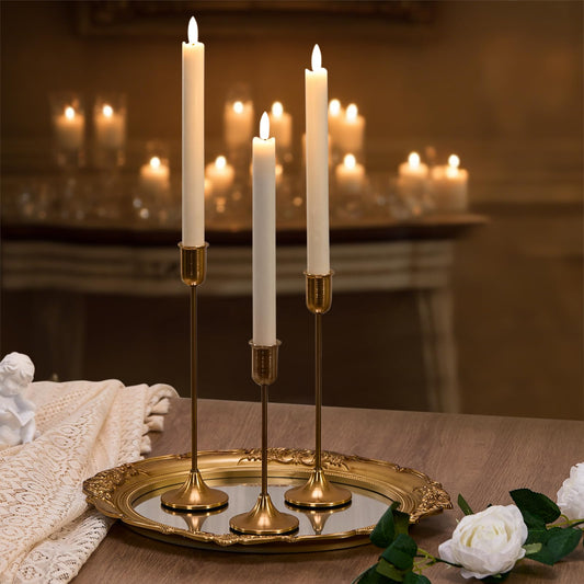Gold Candlestick Holders Taper Candle Holders, Brass Metal Candle Stick Holders Set of 3, Vintage Modern Decorative Table Centerpiece for Candlelight Dinner, Mantel Wedding Housewarming Décor