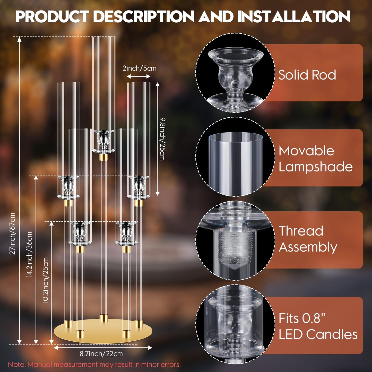 4 Set 5 Arm Acrylic Candle Holder, Mjkeomo 26'' Tall Candelabra Centerpieces for Tables Clear Candlesticks Holder with Lampshade for Housewarming Gift Fireplace Dinner Decor Fit 0.82'' LED Candle