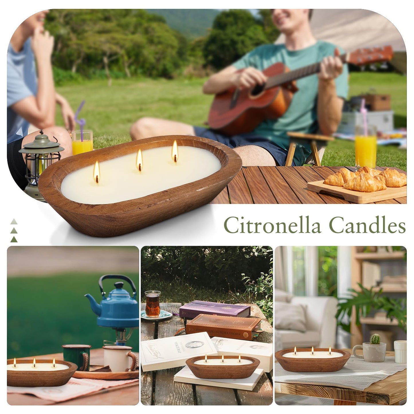 Citronella Candle in Wooden Bowl, 8oz Triple-Wick Smokeless Candle, Clean Burning Natural Citronella Scented Candle for Home Decor, Patio, Garden and Relaxation