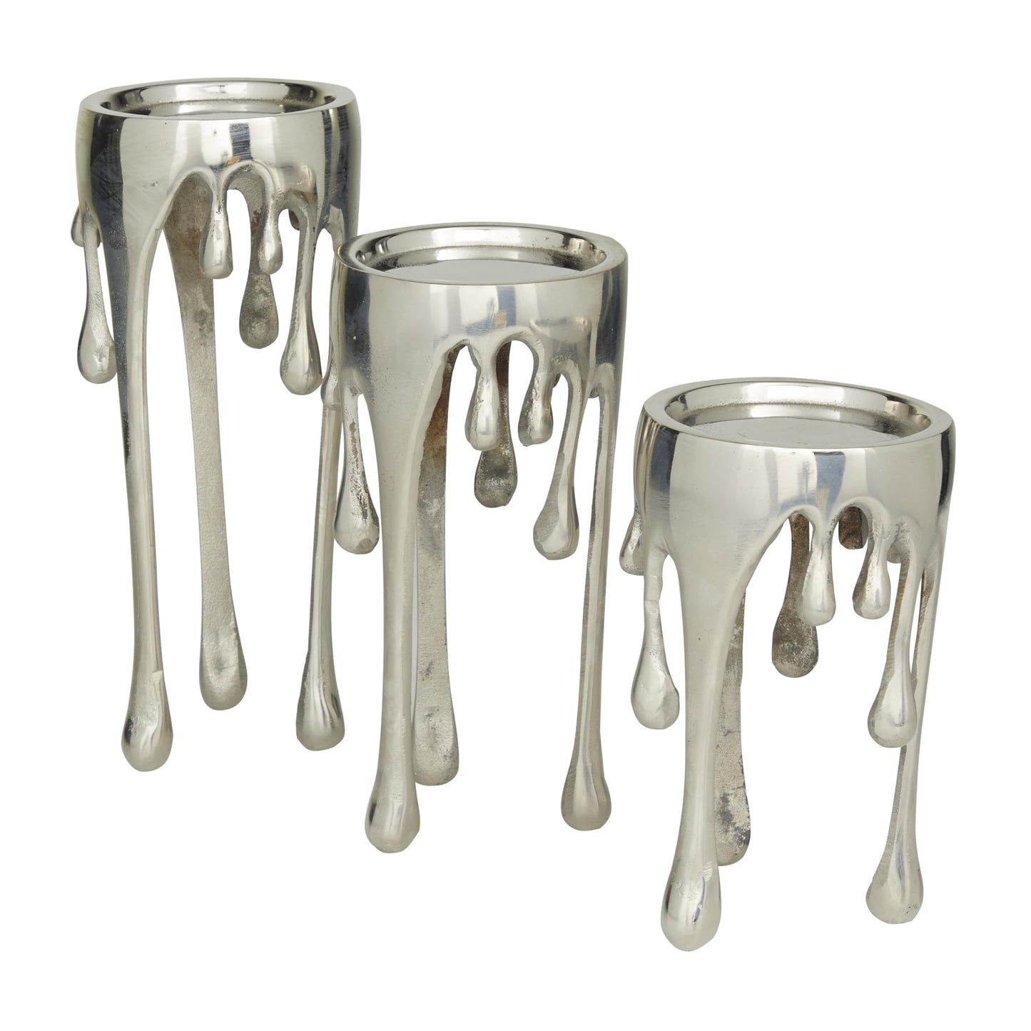 CosmoLiving by Cosmopolitan Aluminum Metal Abstract Decorative Candle Holder Melting Drip Candle Stand, Set of 3 Candlestick Holder 12", 10", 8"H, Silver