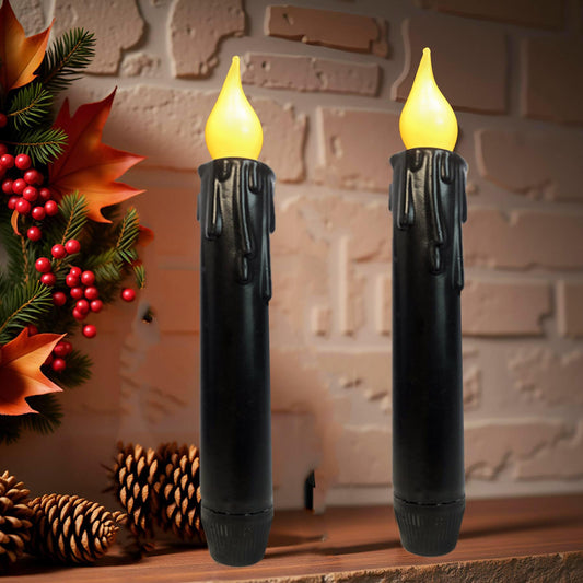 LINCOUNTRY Black Flameless Taper Candles with Timer, Real Wax Set of 2 Battery Operated LED Flickering Candlesticks, 6.75" Halloween Christmas Wedding Fireplace Decor