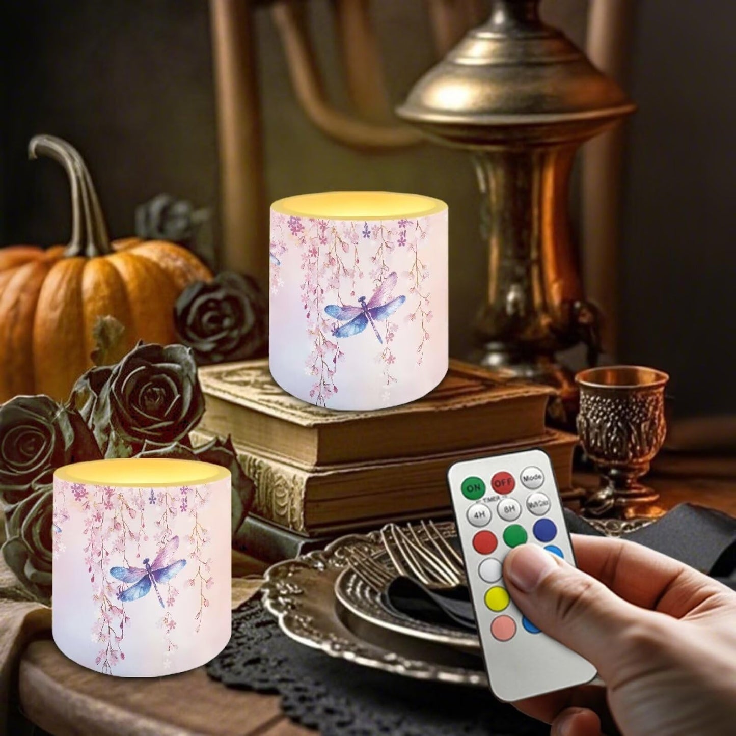 Cozeyat Cherry Blossom Dragonfly LED Candles Set of 4 Battery Powered Flameless with Remote Timer Flickering Flame Waterproof for Beach Home Table Use