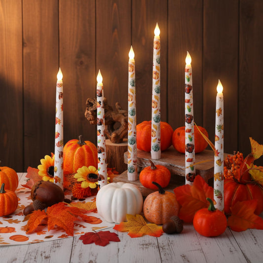 Kittmip 6 Pcs Thanksgiving Flameless Taper Candles 11 Inch Harvest Battery Operated LED Fall Leaves Pumpkin Turkey Candles Table Centerpiece for Home Party Decor