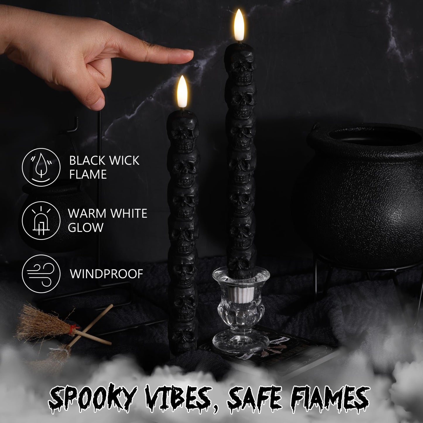 Eywamage Halloween Flameless Taper Candles with Remote, Spooky Black Skull LED Candlesticks Battery Operated Flickering Real Wax Set of 4