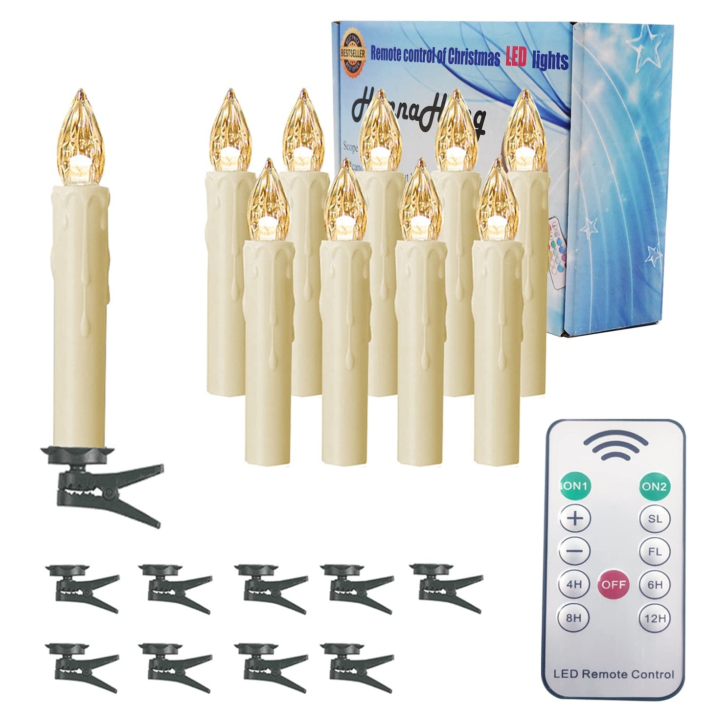 HANNAHONG 10 PCS Flamless Taper Fake Candles,Battery Operated LED Window Flickering Lights with Timer Remote, Perfect for Christmas Holiday Home Party Decoration, Warm White
