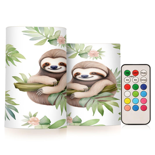 GUIJI Leaf and Sloth Flameless Candles, Flameless Candles with Remote Set of 2, Flameless Candles Battery Operated, Pillar Candles Home Decoration, Christmas, Party, E08D23009