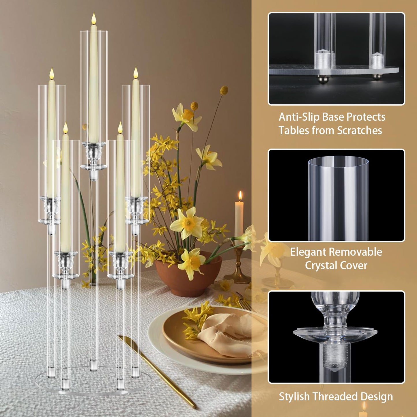 8 Sets 5 Arms Acrylic Candelabra Centerpieces for Tables,Clear Candle Holder for Wedding,Ceremony Dinner Party, 27" Tall Candlestick Holders with Lampshade,Fit LED Candle
