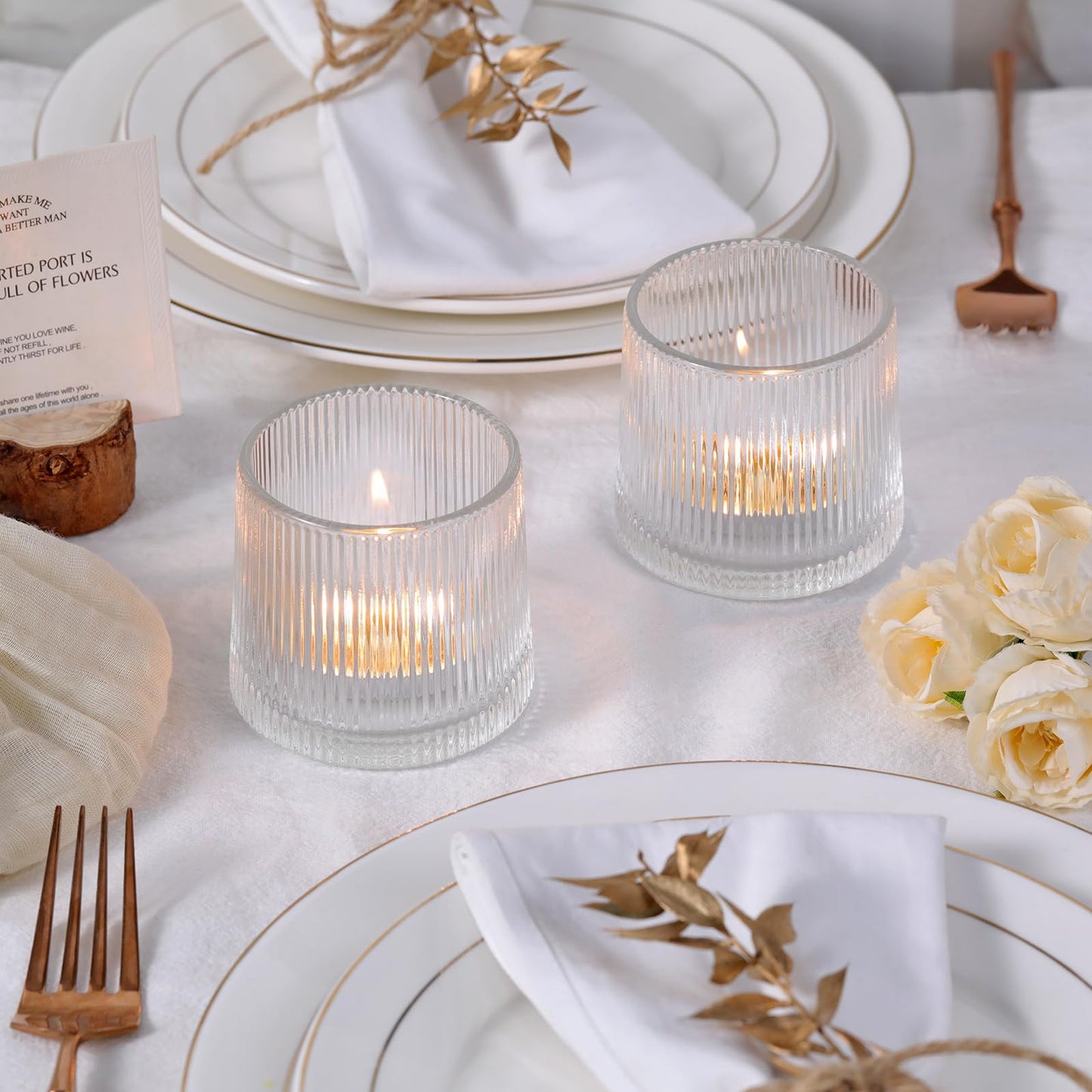 DARJEN Clear Ribbed Tealight Votive Candle Holders Set of 10- Tea Light Candle Holder Glass for Table Centerpiece, Engagement Parties, Birthday Parties & Wedding Shower