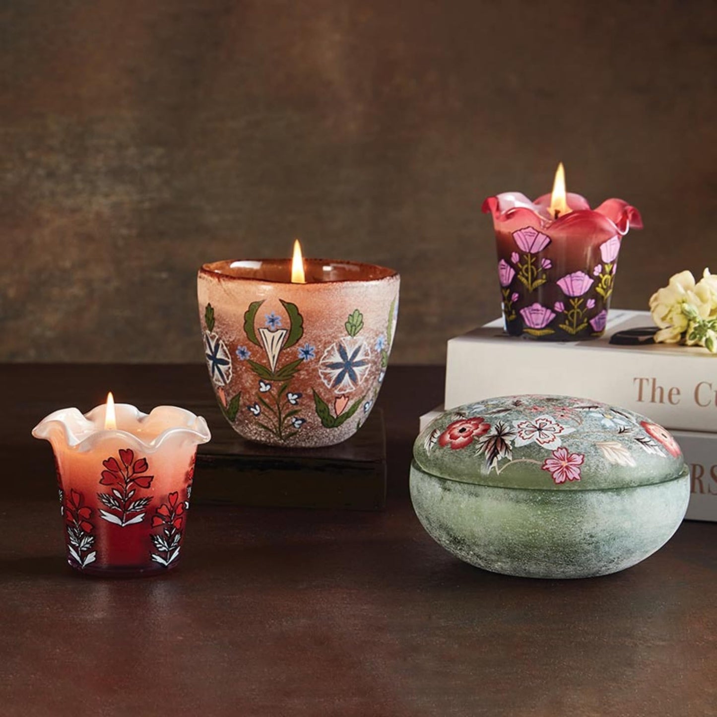 47th & Main Scented Candles Hand-Painted Floral Glass Candle, 3.25" Dia x 3" H, Pomegranate