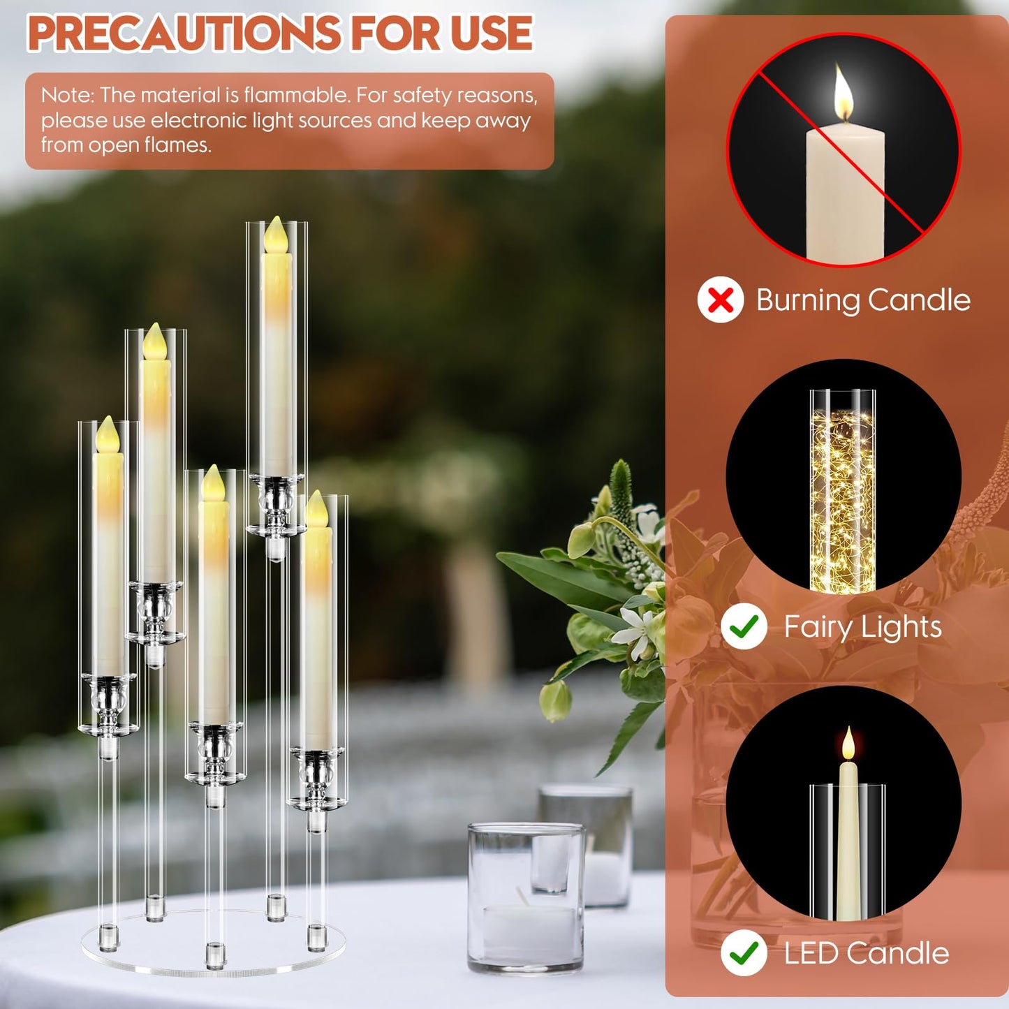 6 Set 5 Arm Acrylic Candle Holder with Candles, Mjkeomo 22.8'' Tall Table Candelabra Centerpiece, Lightweight Candelabra with Lampshades for Fireplace Mantel, Wedding, Housewarming Gift