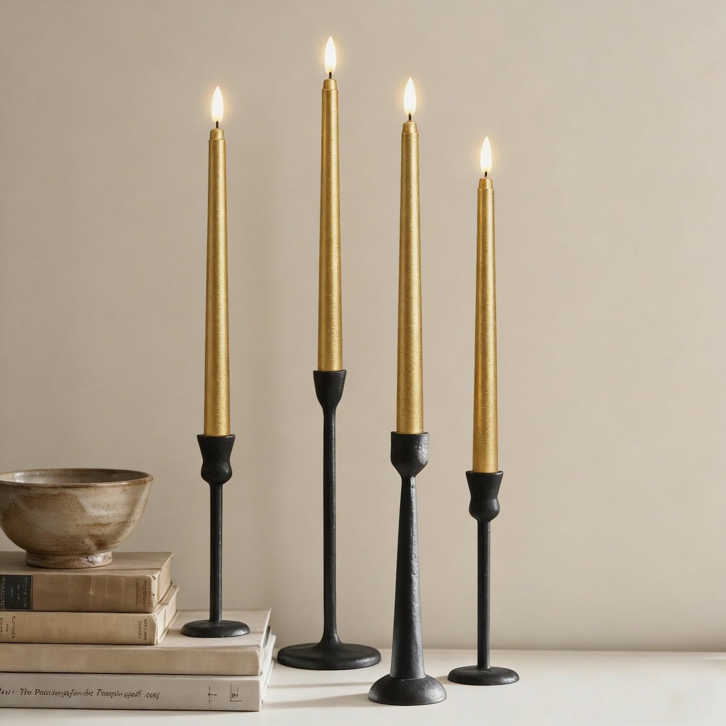Ni-JASW Gold Flameless Taper Candles with Remote, Flickering Battery Powered LED Candlesticks Set of 4
