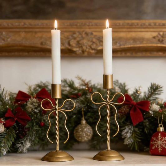 Gold Candlestick Holders Taper Candle Holders, Bow Taper Candle Holder, Vintage Brass Tall Candlesticks with Bows for Fireplace Wedding Valentine's Day Tables Centerpieces Decorations (22.5 +27.2cm)