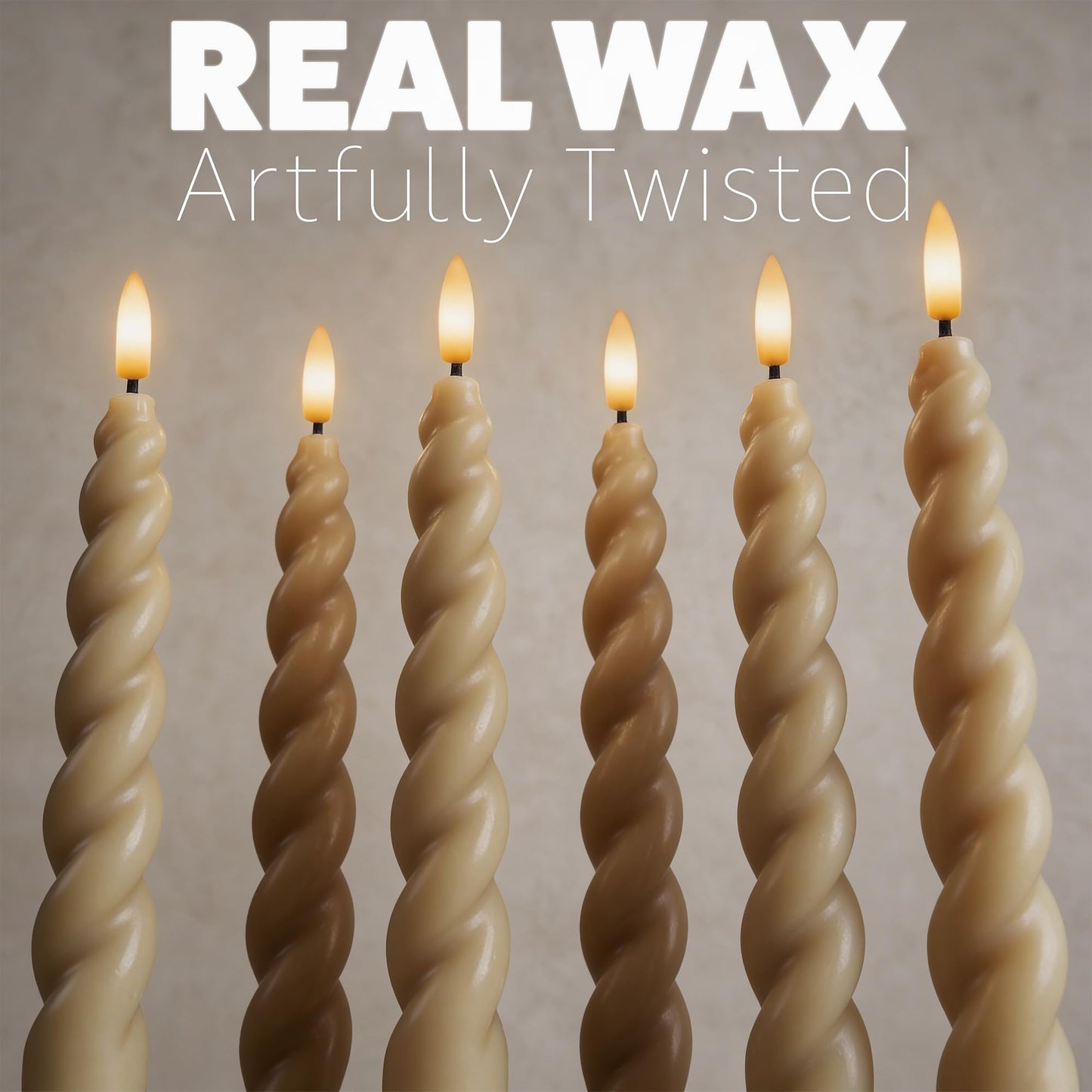 West Ivory Full Twisted Spiral Flameless LED Taper Candles – Light Tan, Set of 6 – 2/4/6/8-Hr Timer (24-Hr Memory), Remote, Dimmable, Bottom On/Off Button, Flicker/Steady, Battery Operated