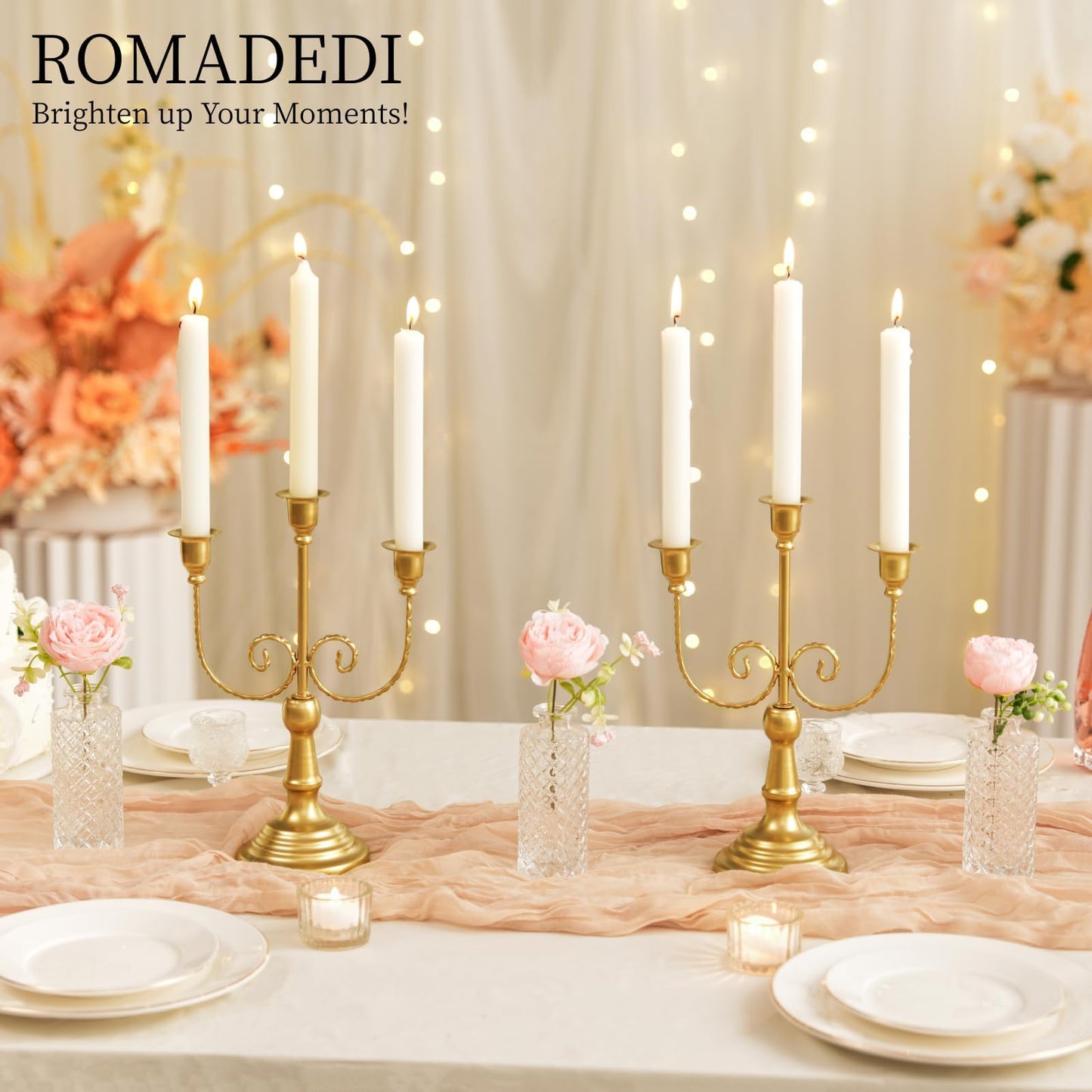 Romadedi Candelabra Gold Candle Holders - 3 Arm 11.8" Wedding Candlestick Holder for Theme Party Table Centerpiece Decor Dining Room Birthday Holiday Christmas, Set of 6