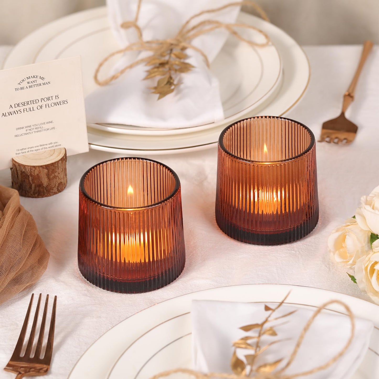 Amber Ribbed Tealight Votive Candle Holders- 6Pack Glass Candle Holders for Table Centerpiece, Home Decor, Wedding Decor, Party Dinner