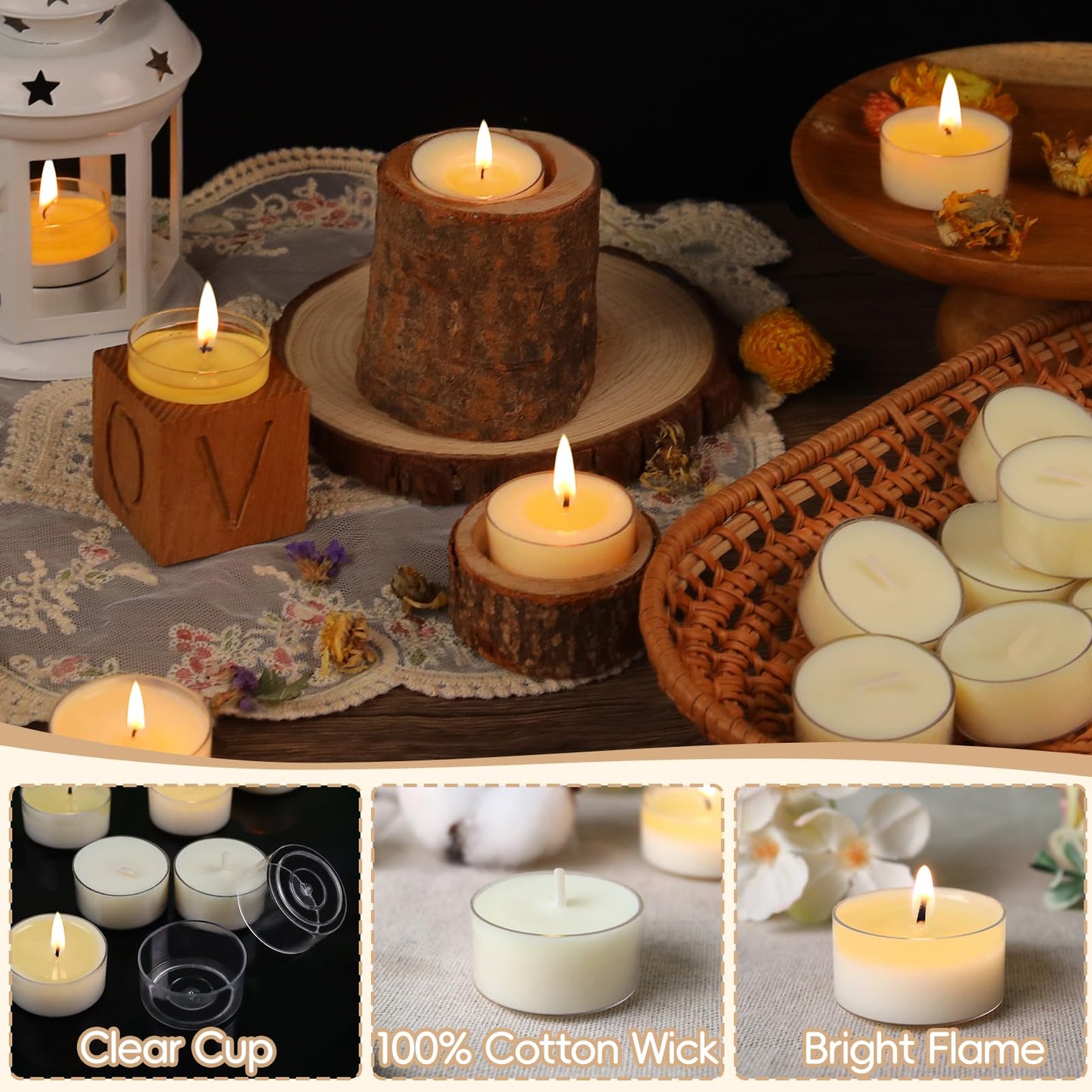 Soy Tealight Candles 120 Pack, 6 Hours Long Burning,3 inch White Floating Candle, 60 Pack
