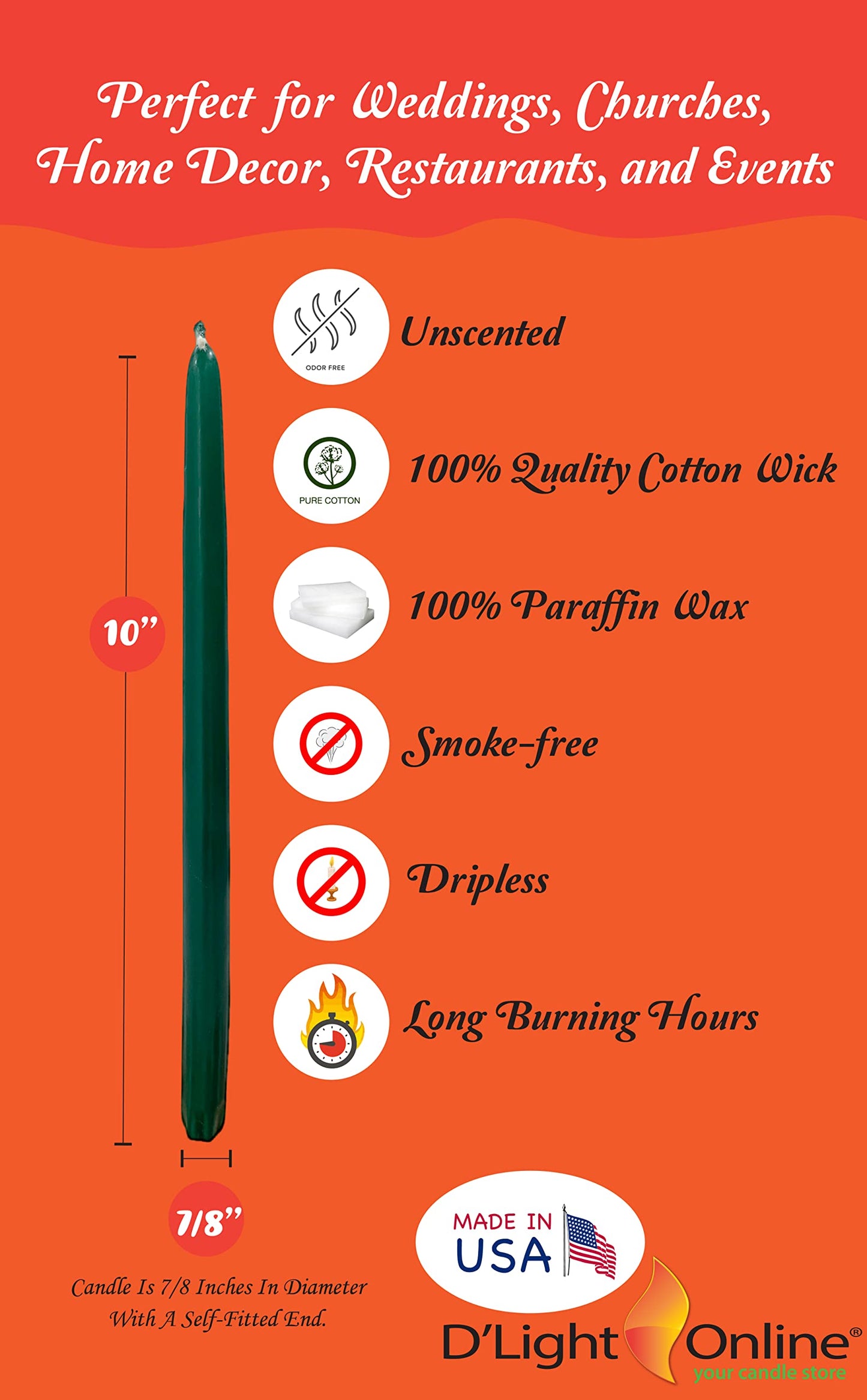 D'light Online Elegant 10" Unscented Dark Green Taper Candles, Premium Quality Hand-Dipped Tapered Candles, Dripless and Smokeless - Set of 12 Individually Wrapped (10 Inch, Dark Green)