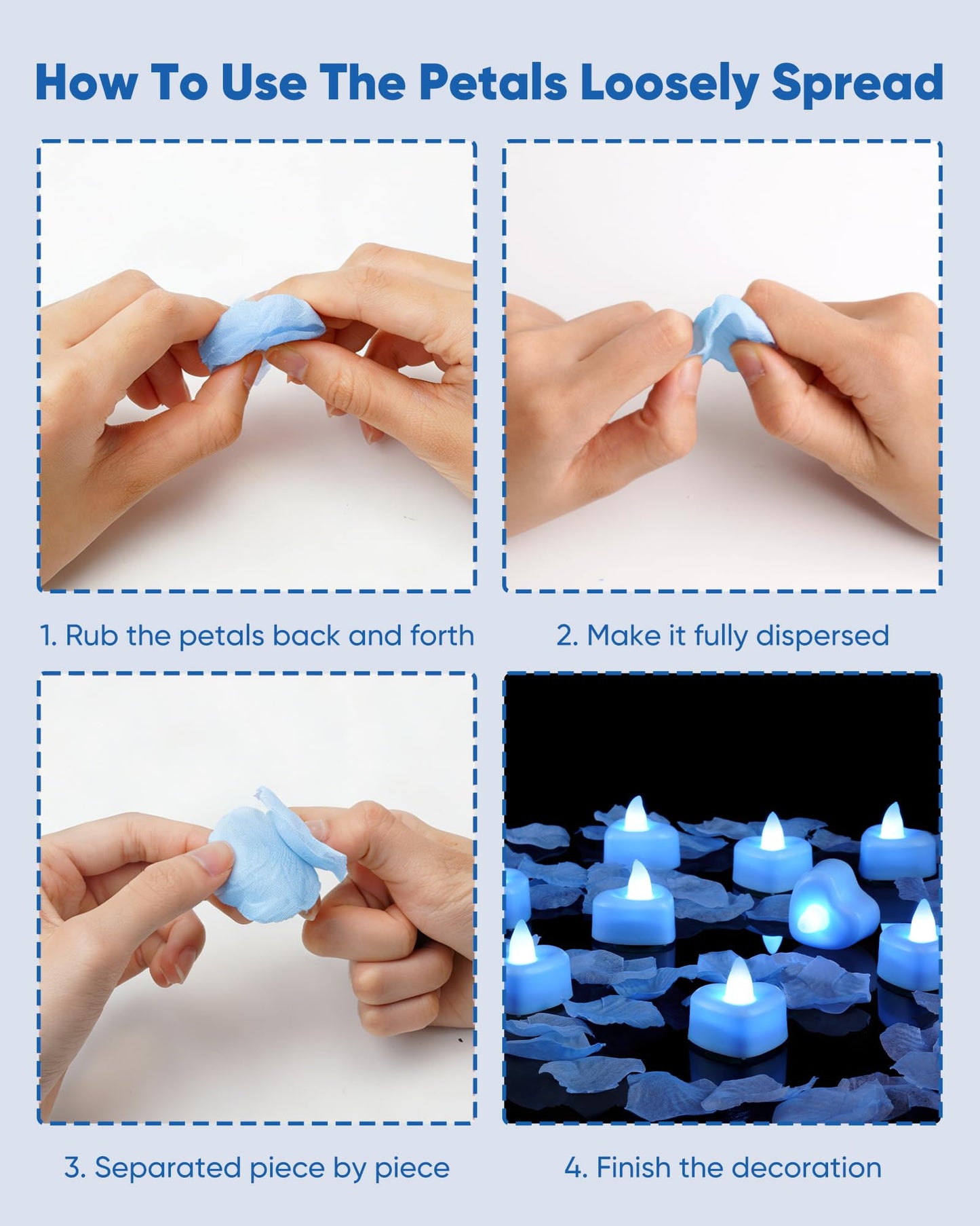 Amagic 2000 Pieces Light Blue Artificial Rose Petals with 24 Light Blue LED Tea Lights, Rose Petals and Candles Set for Proposal, Anniversary, Romantic Night, Wedding Decor