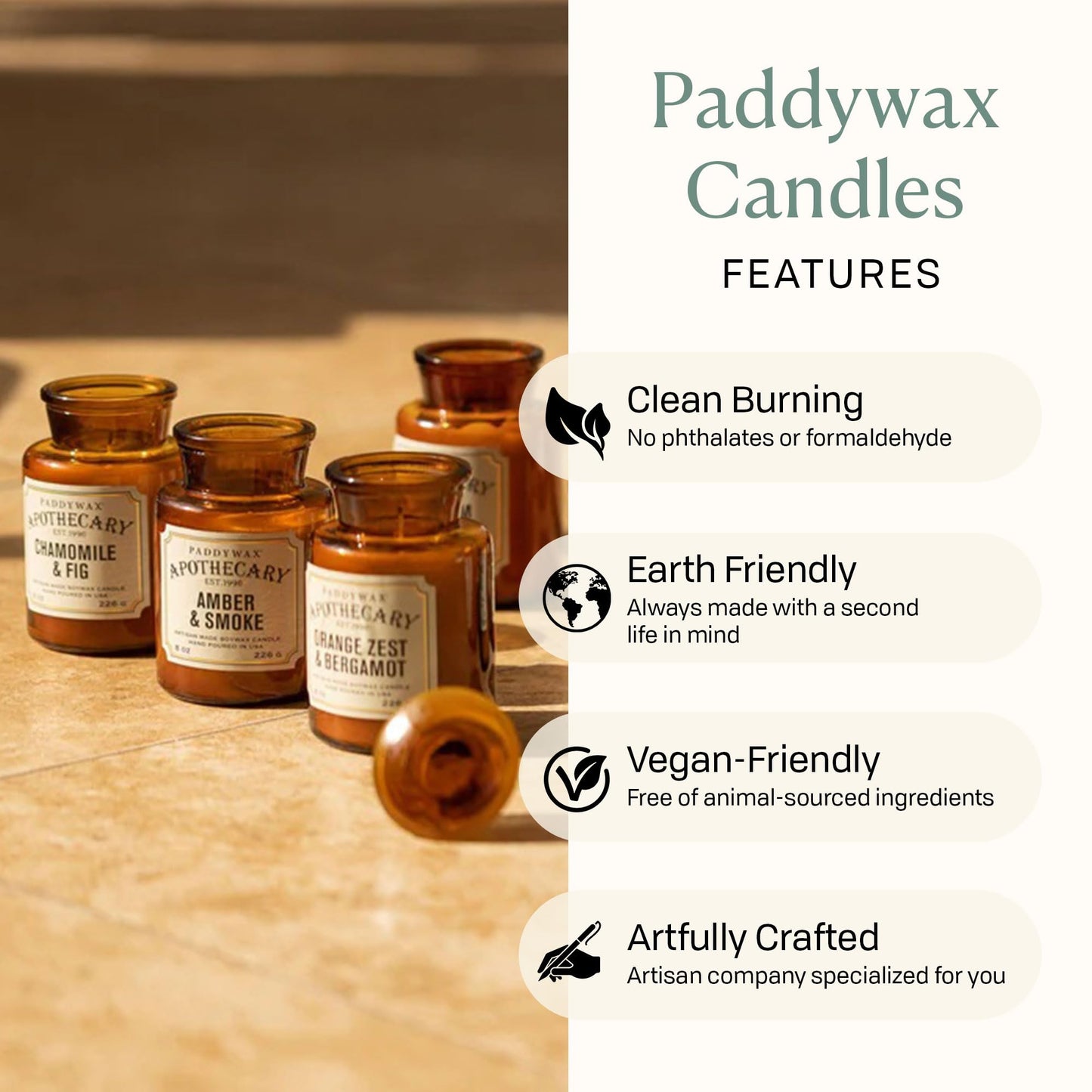 Paddywax Artisan Apothecary Scented Candle with Lid in Reusable Glass Jar, Clean-Burn Soy Candle with Approx. 54 Hour Burn Time, Tobacco & Patchouli, 8 oz.