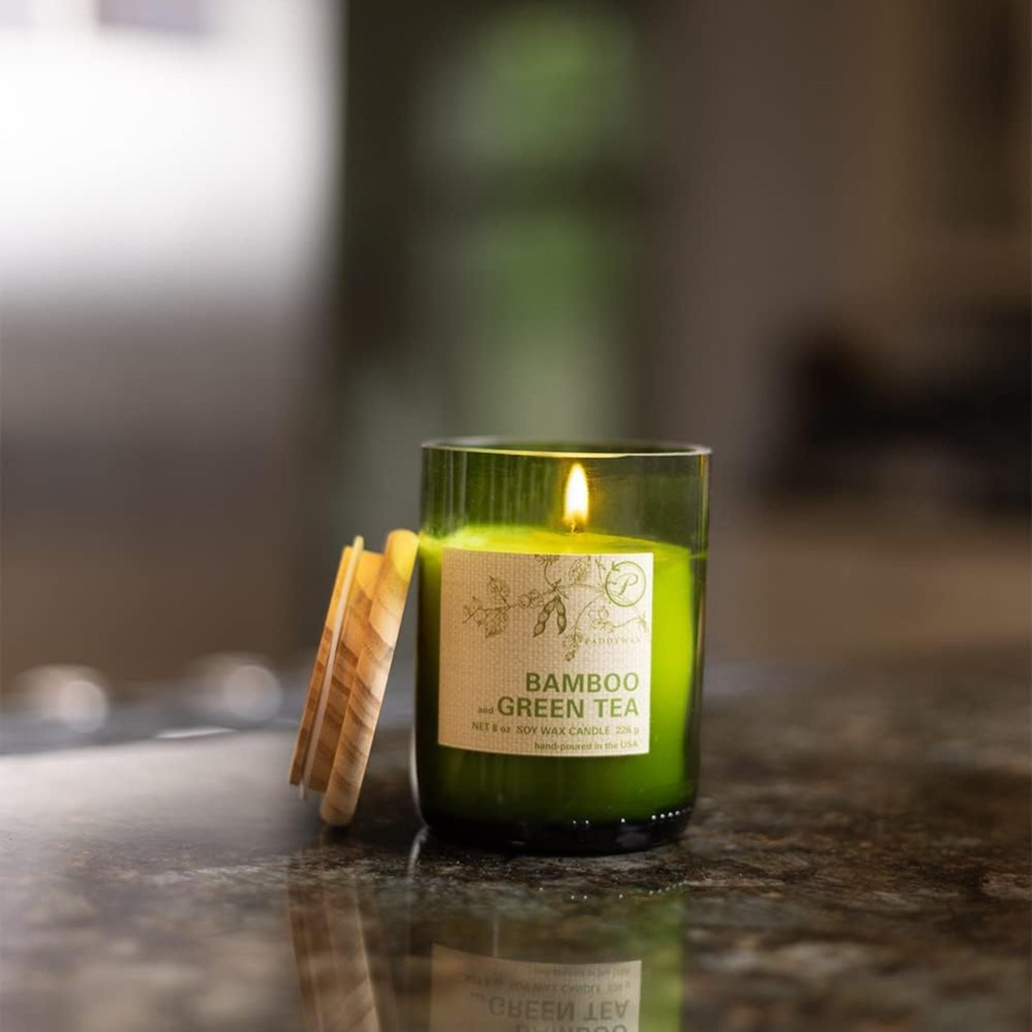 Paddywax Eco Collection Soy Wax Blend Candle in Glass Jar, Bamboo & Green Tea Scent, Green Vessel with Wood Lid, 8 oz