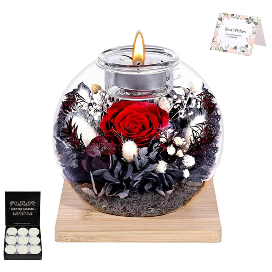 Forever Flowers Scented Candle in Glass Dome, Long-Lasting Aroma Home Decor, Unique Gift for Women Mom Girlfriend Wife, Ideal for Birthday Mother's Day Valentine's Day Christmas（Black Red）