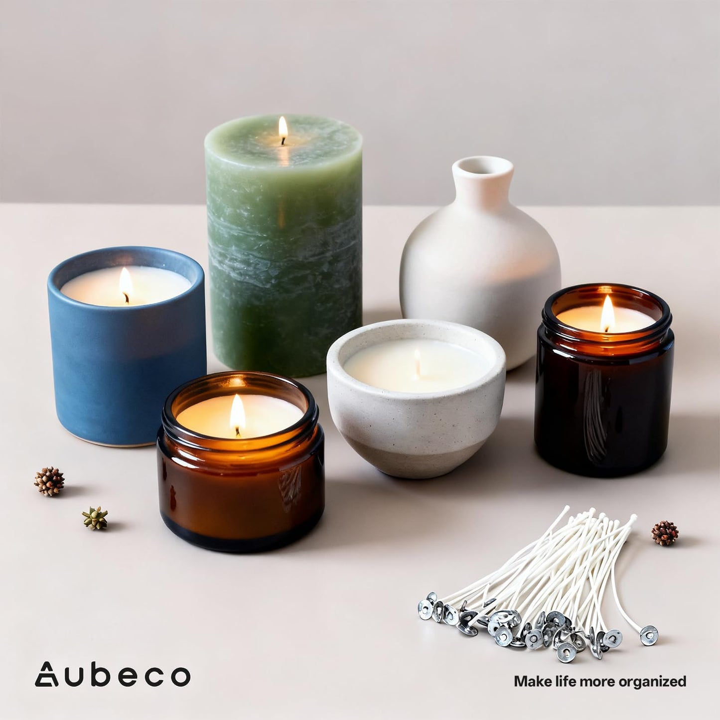 Aubeco 240Pcs Candle Wick, Low Smoke 6 Inch Pre-Waxed Cotton Wick with Tabs, Natural Cotton Core for Candle Making, Soy Candle DIY
