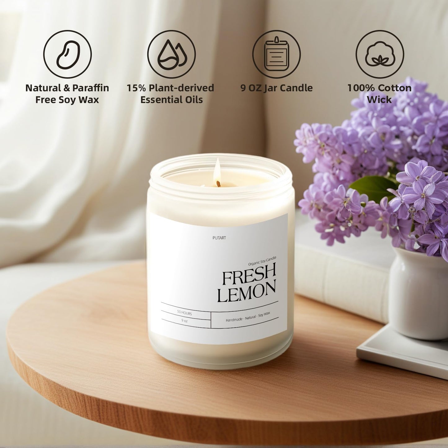 Putart Fresh Lemon Highly Scented Candle for Home, 9oz Natural Soy Aromatherapy Non Toxic Candles with Essential Oil, Home Fragrance Stress Relief & Meditation Jar Candles Gifts for Women & Men, White