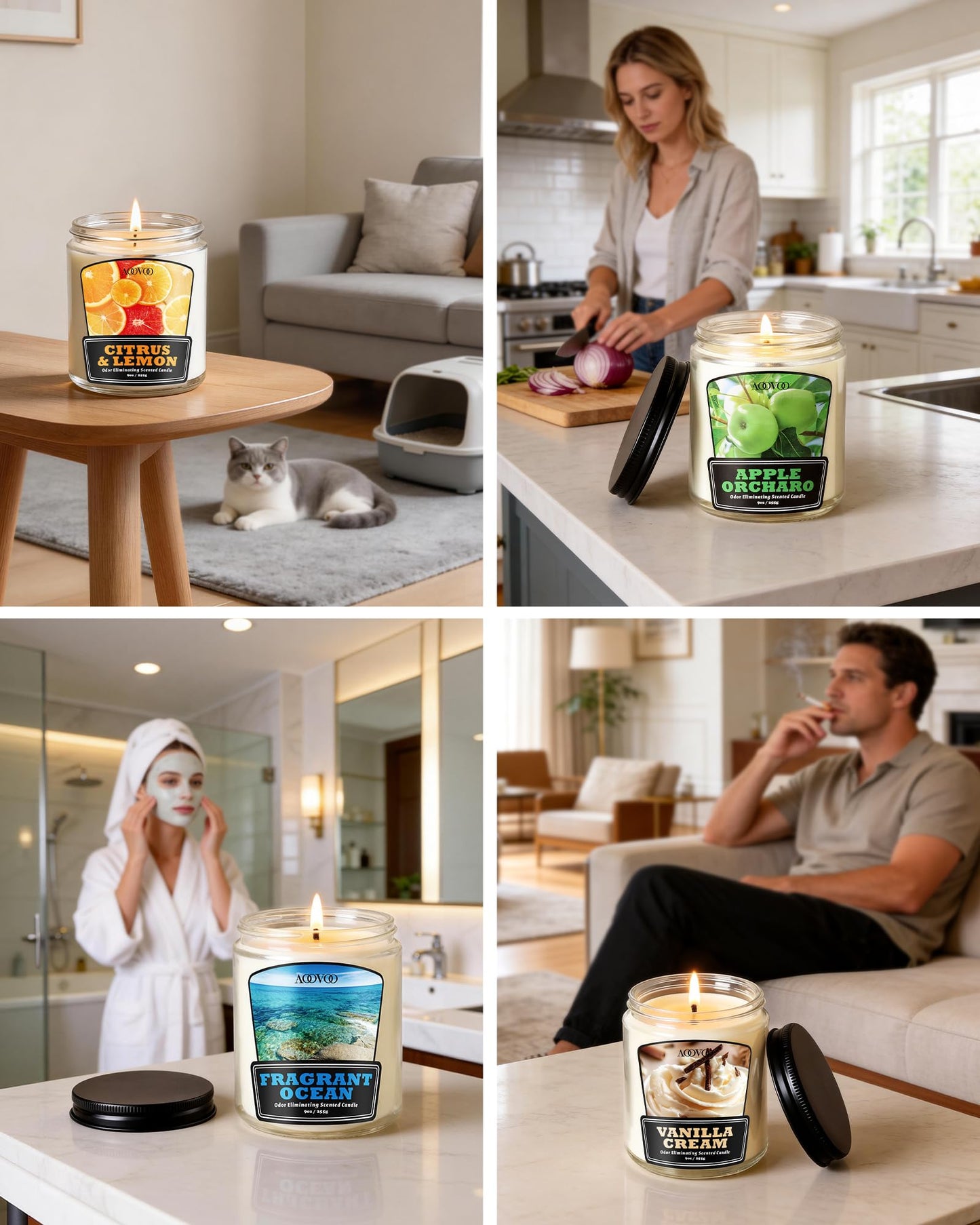 AOOVOO 4 Pack Odor Eliminating Candle - Up to 200 Hours Burn time, Eliminates 95% of Pet, Smoke, Food, and Other Smells Quickly, 36 oz Non Toxic Highly Fragranced Air Freshing Soy Candle