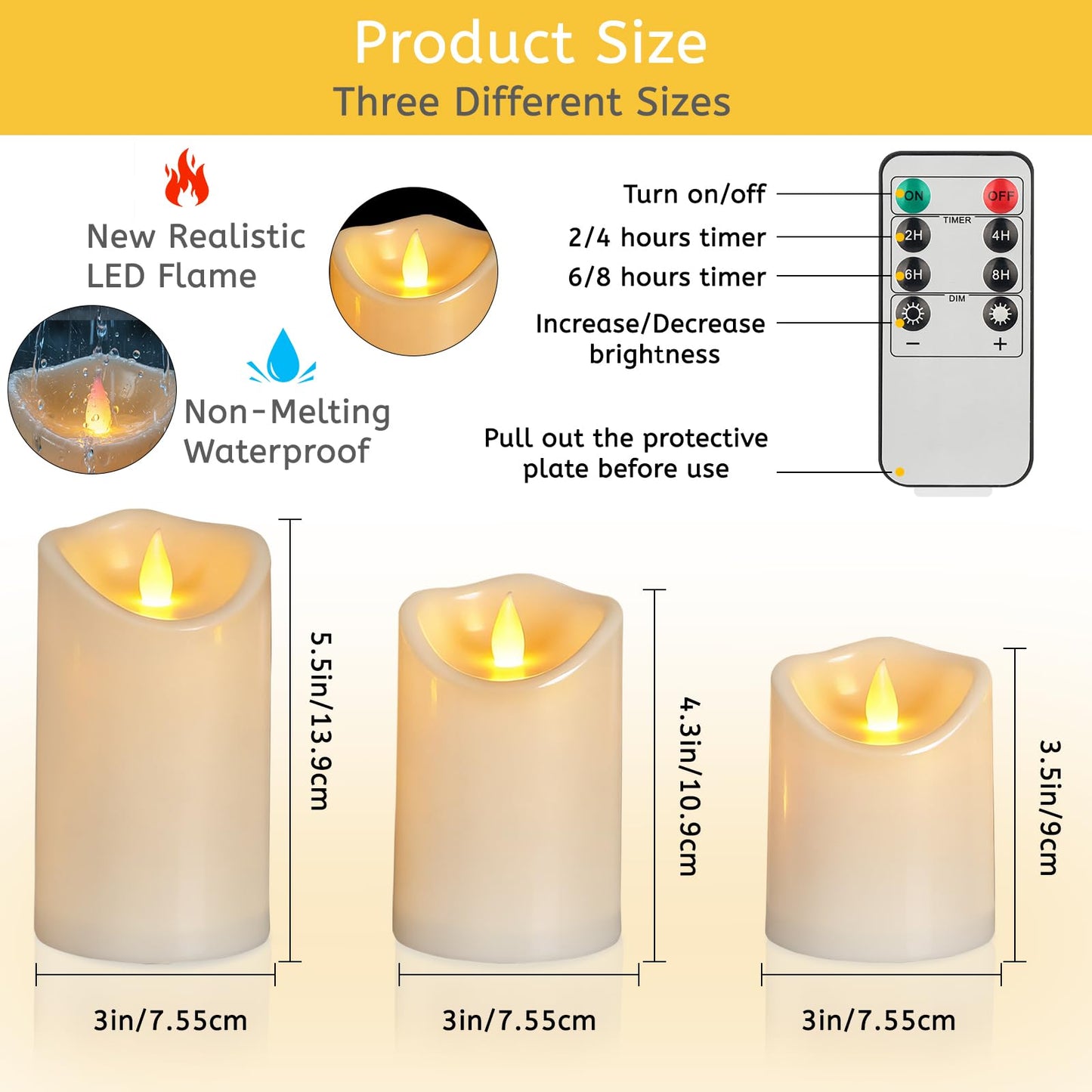 Flameless Candles 4" 5" 6" Set of 9 Outdoor Indoor Pillars Battery Operated Flickering Candles Include 8-Key Remote Timer Function Ivory Fake LED Candles for Wedding, Aniversary,Christmas Decor