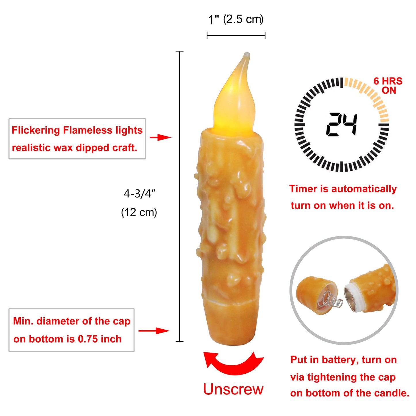CVHOMEDECO. Real Wax Hand Dipped Battery Operated LED Timer Taper Candles Rustic Primitive Flameless Lights Decor, 4-3/4 Inch, Orange, 2 PCS in a Package