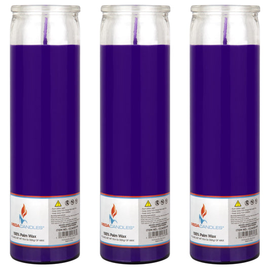 Mega Candles 3 pcs Unscented Purple Glass Container Devotional Prayer Candles, Shortening Wax Candle 2 Inch x 8 Inch, Sanctuary, Vigils, Prayers, Spiritual, Blessings, Religious, Altar, Remembrance