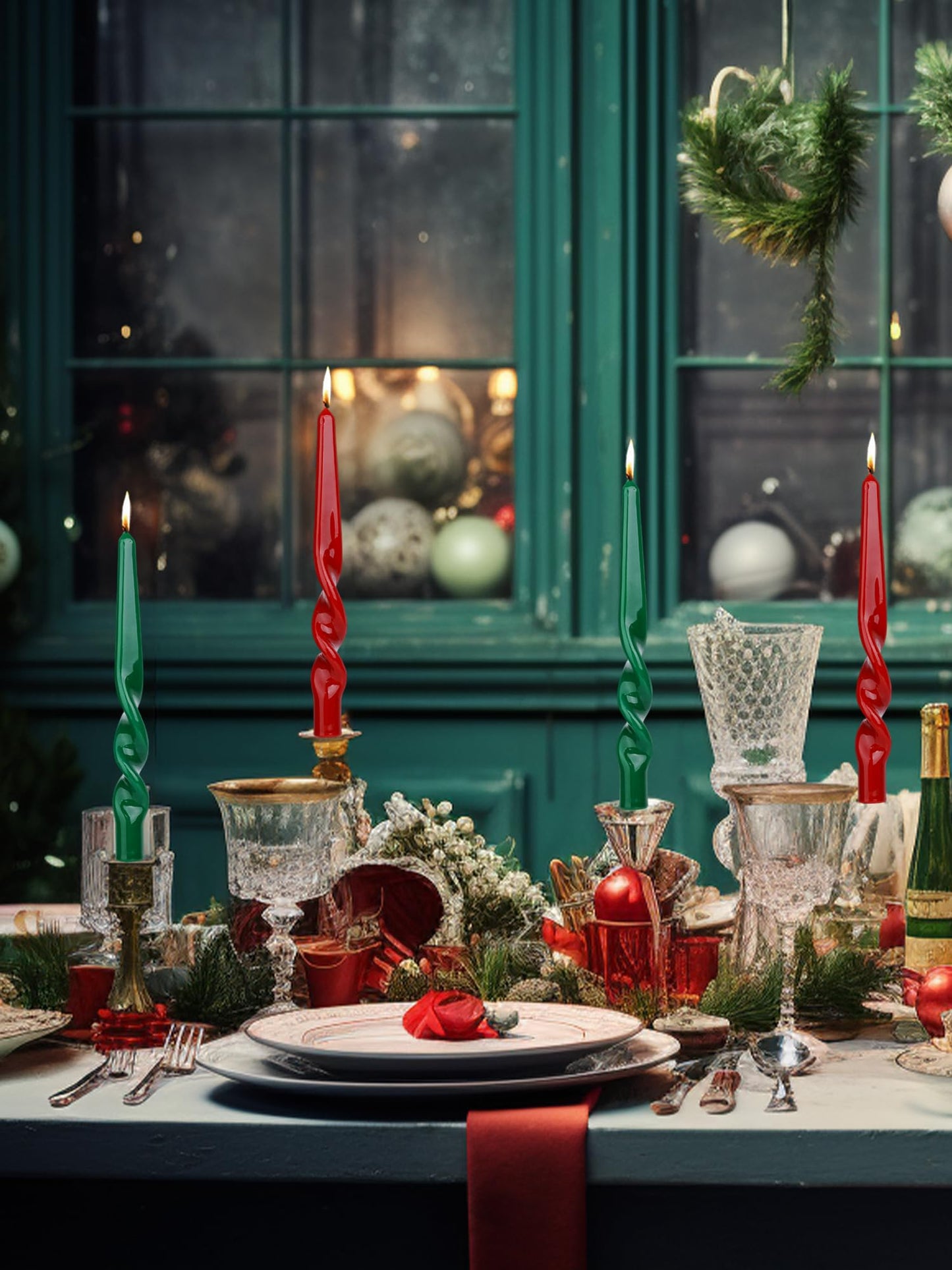 LPUSA Christmas Taper Candles-Green and Red Spiral Candles-Unscented Candle Sticks and Dripless,Perfect as Dinner Candles-4pcs,10inch(Green,Red-A)