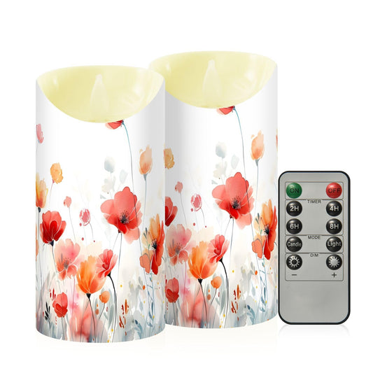Watercolor Luxury Red Orange Long Stemmed Flowers Flickering Flameless Candles Battery Operated with Remote Timer,Tea Light Candles LED Pillar Votive set of 2 for Outdoor Indoor Decorations 3" x3.9"