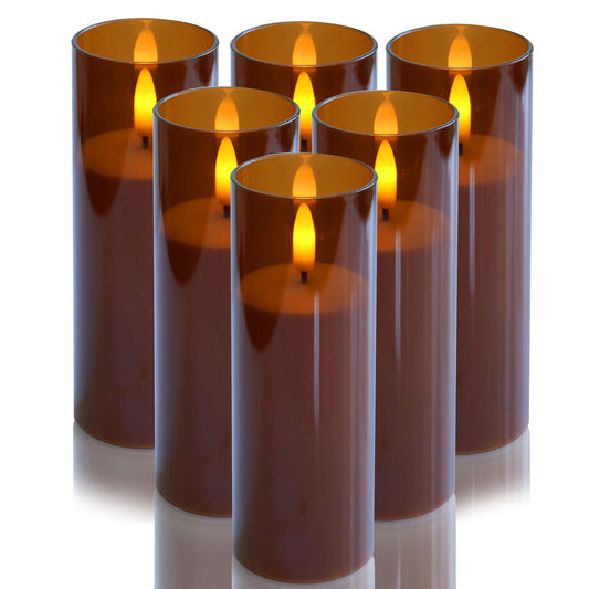 CANDLE CHOICE Indoor Outdoor Flameless Candles with Timer Waterproof Realistic Flickering Battery Operated Pillar LED Lights with Acrylic Shell Wedding Party Christmas Decorations 6 Pack 2”x6” Brown