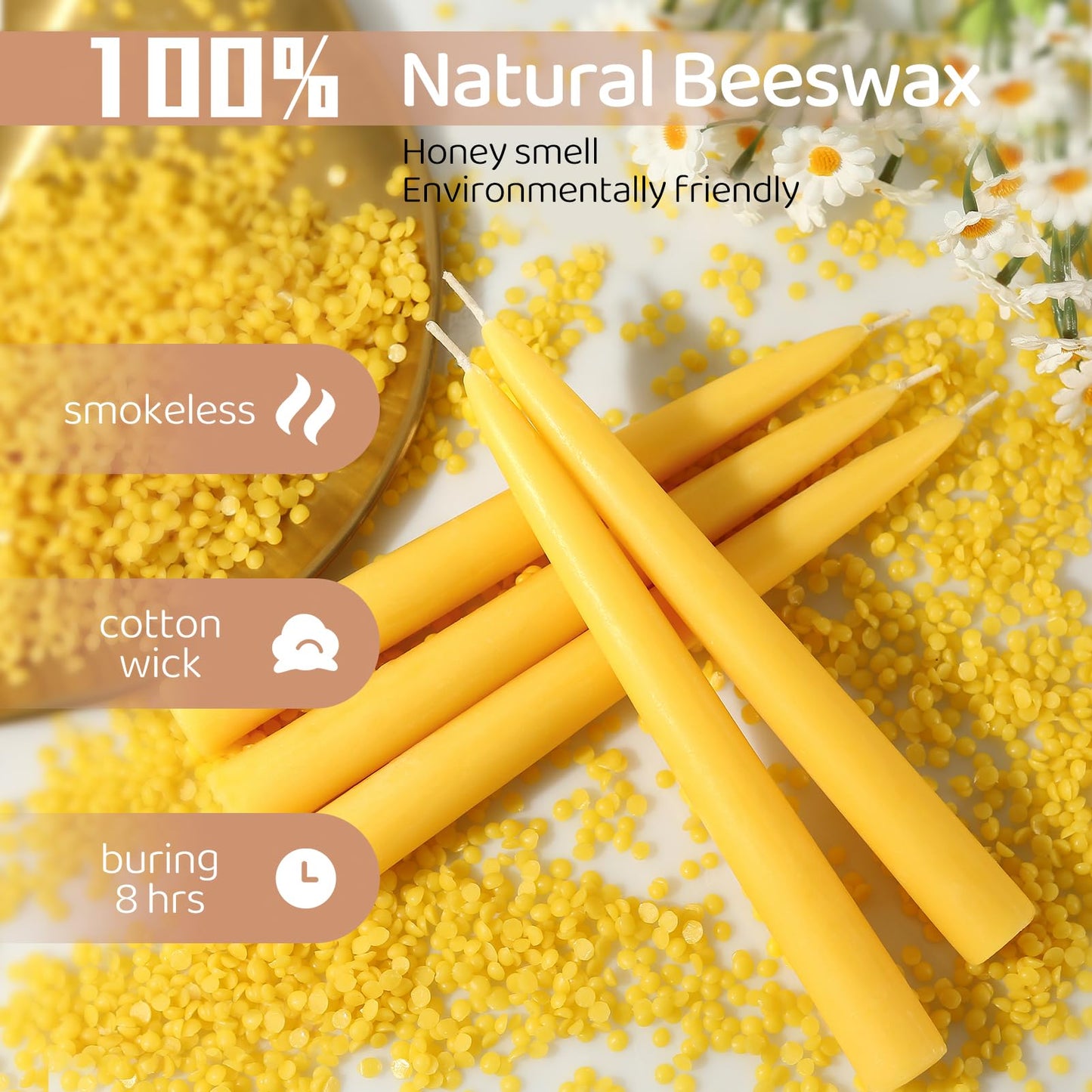 18 Pack Beeswax Taper Candles, 8 Inch Handcrafted Pure Natural Bees Wax Candle Sticks, 8H Long Burning Dripless & Smokeless Unscented Tapered Candlesticks for Home Decor, Wedding, Dinner, Vigil