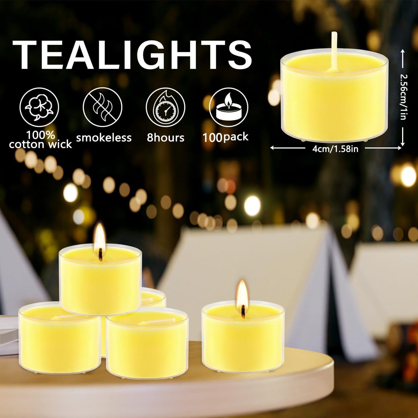 100 Pack Clear Tea Lights Candles Bulk, Summer Citronella Candle Outdoor and Indoor, for Birthday Emergency Home Garden(8 Hour, Yellow)
