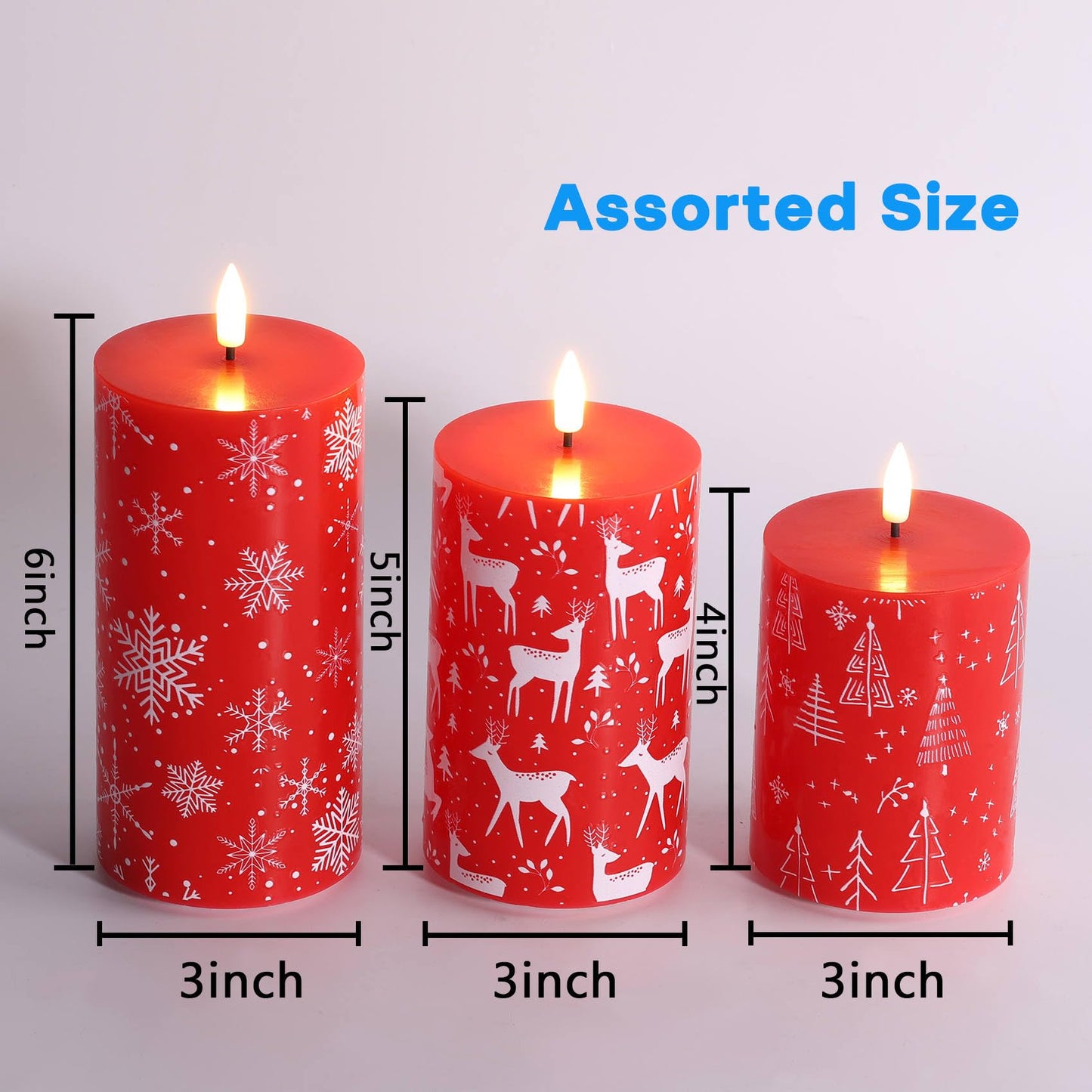 Eywamage Red Christmas Flameless Pillar Candles with Remote, Reindeer Snowflakes Tree LED Battery Candles Holiday Decor Gift Set of 3