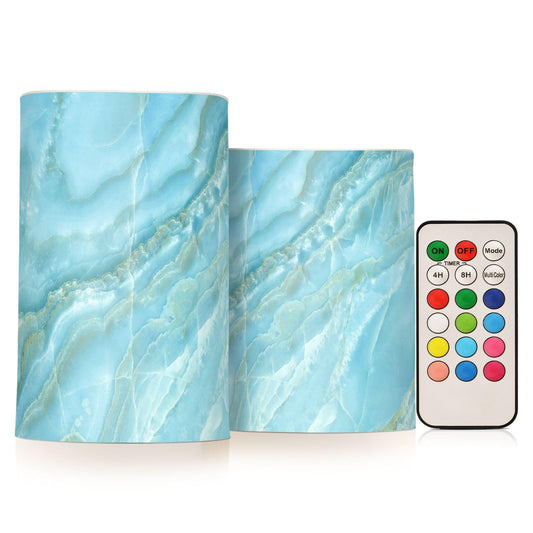 Eionryn Aqua Marble Texture Flameless Candles Nature Stone Blue Veins Battery Operated LED Candles with Remote Timer Electric Candles for Home Party Decor 2pcs