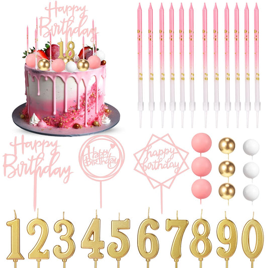 Yerliker 34 Pcs Happy Birthday Cake Toppers Decorations Birthday Candles DIY Cake Decor for Men Women Wedding Anniversary(Pink)